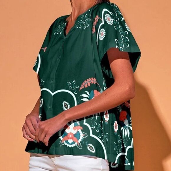Tucker Short Sleeve Classic Blouse Emerald Dutch Blossoms in Silk Cotton - Picture 1 of 8